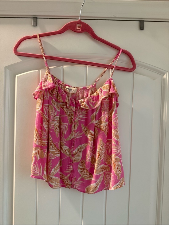 Impressions Tops - Impressions Pink Tropical Leaf Ruffle Cami with Tan Accents
